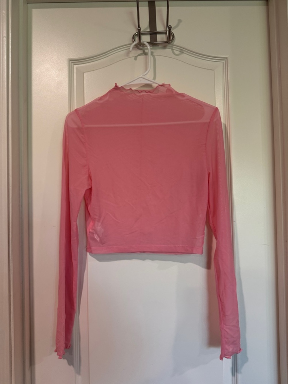 SHEIN Pink Sheer Mesh Long-Sleeve Mock Neck Crop Top / BB30
